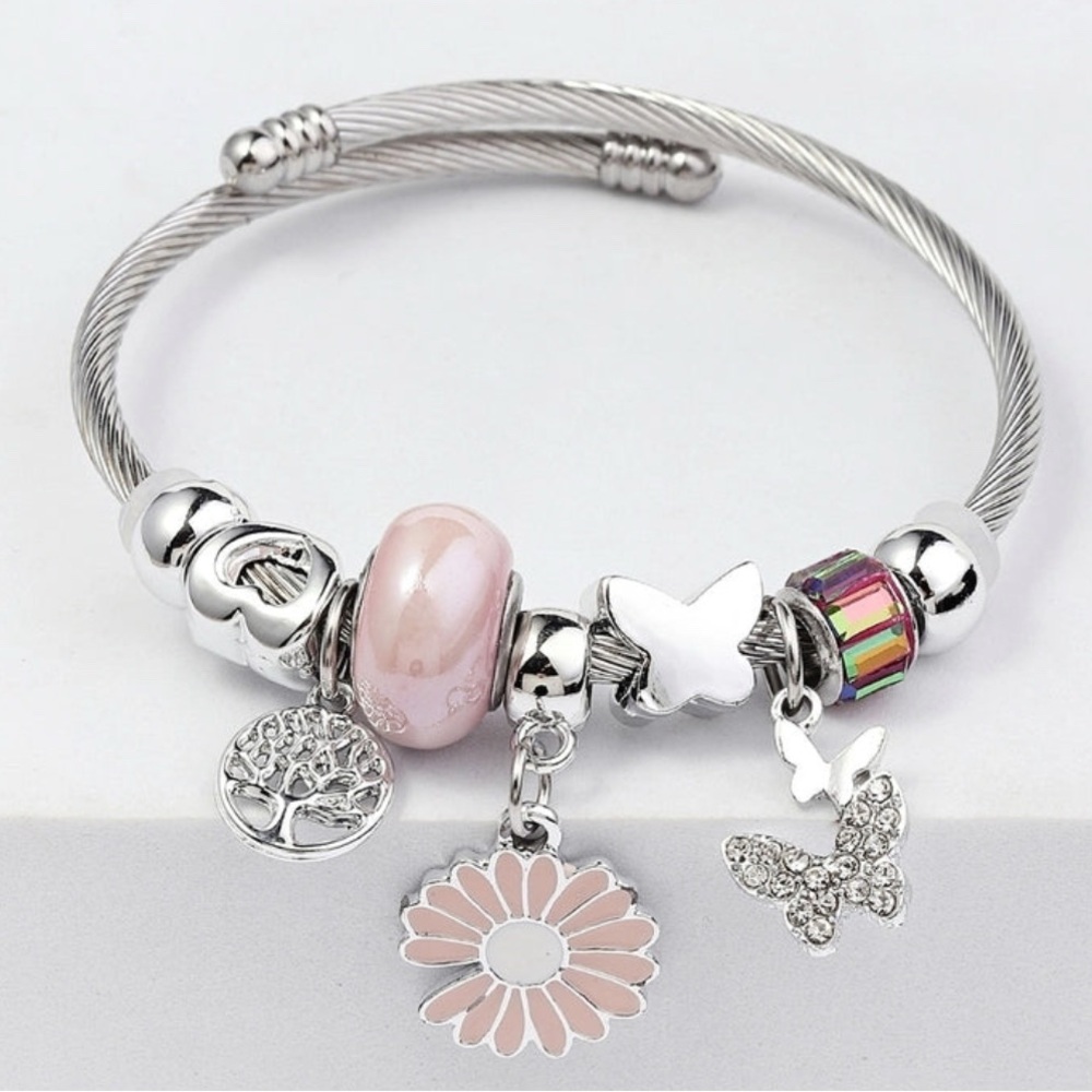 Elegant Silver and Pink Charm Bracelet